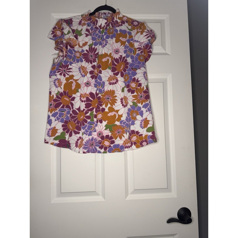 Unbranded High Neck Floral  Flutter Sleeve Top Large  White Rust Plum Lavender